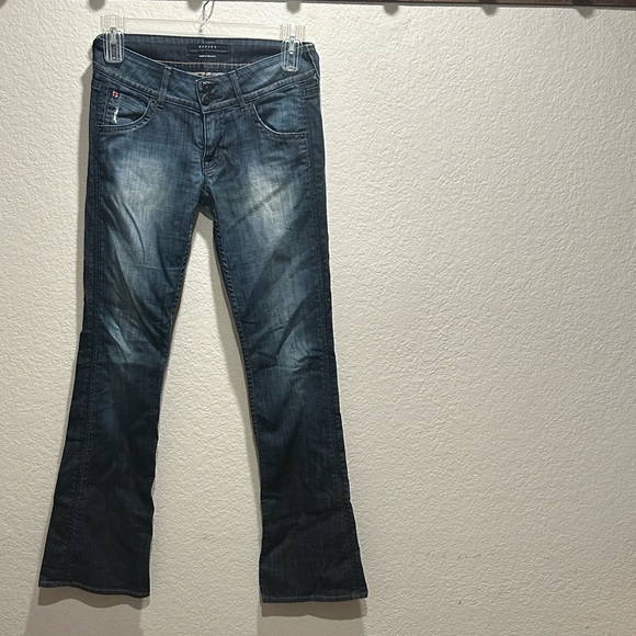 Vintage Y2K Hudson Low Rise Flare Jeans 2000s Distressed Dark Wash Denim - Sz 27 - Picture 2 of 16